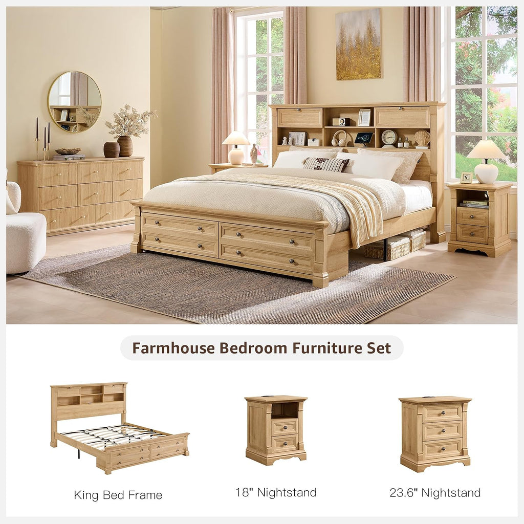 T4TREAM Farmhouse Nightstand Set of 2, 23.6' End Table with 3 Drawers Storage, Wood Side Table w/Roman Column, End Tables Living Room Set of 2, Bedside Cabinet for Bedroom, Oak