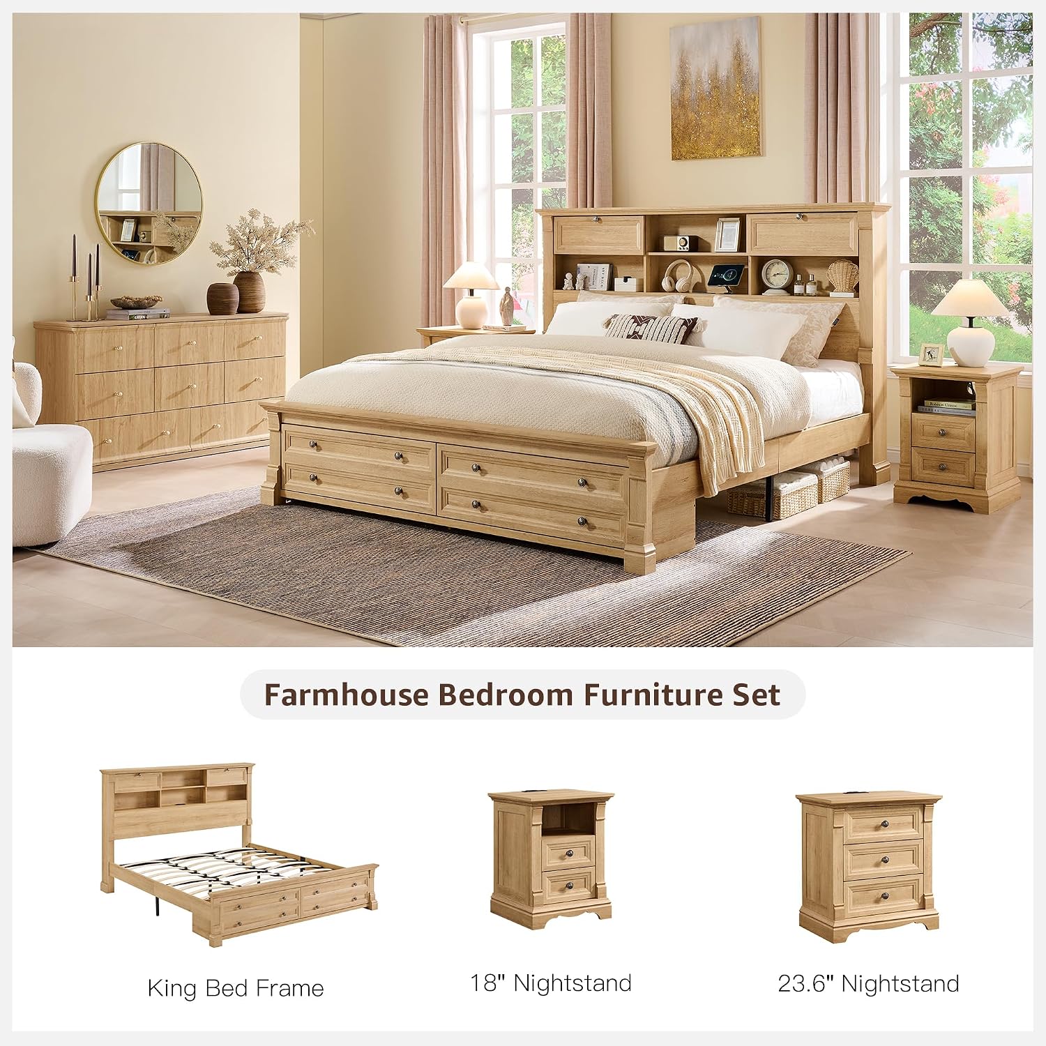 T4TREAM Farmhouse Nightstand Set of 2, 23.6' End Table with 3 Drawers Storage, Wood Side Table w/Roman Column, End Tables Living Room Set of 2, Bedside Cabinet for Bedroom, Oak