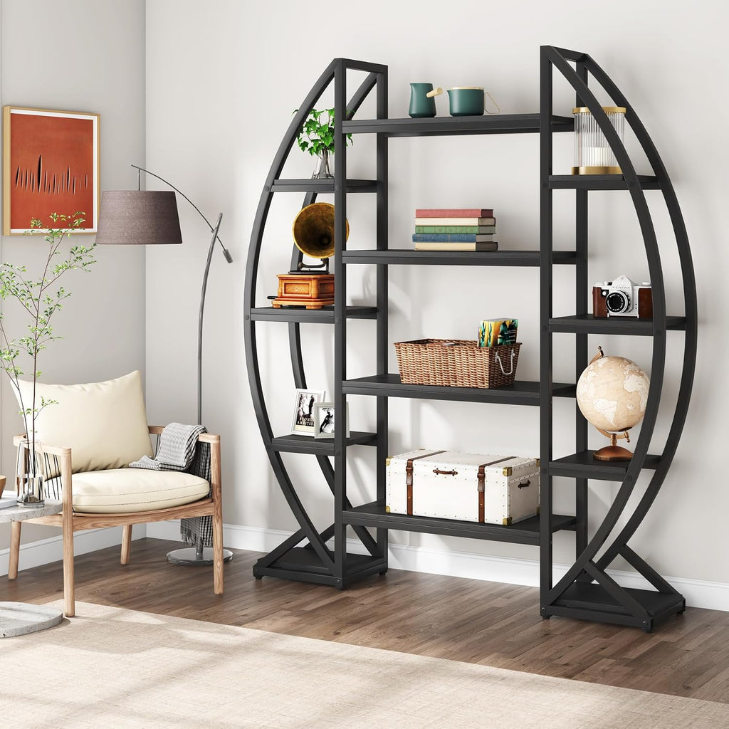 Tribesigns Oval Bookshelf, Triple Wide 5 Tiers Etagere Bookcases, Industrial Display Shelves for Living Room (55', Black)