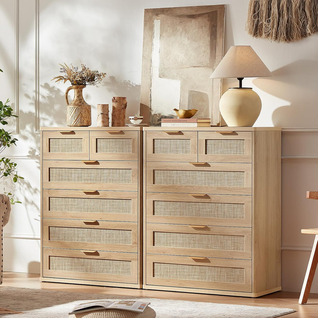 LEYAOYAO Rattan Dresser for Bedroom Set of 2, 41' Tall Chest of Drawers, Modern 6 Drawers Boho Dressers with Storage, Light Oak Dresser Wooden Closet Organizer for Living Room, Hallway, Natural Wood