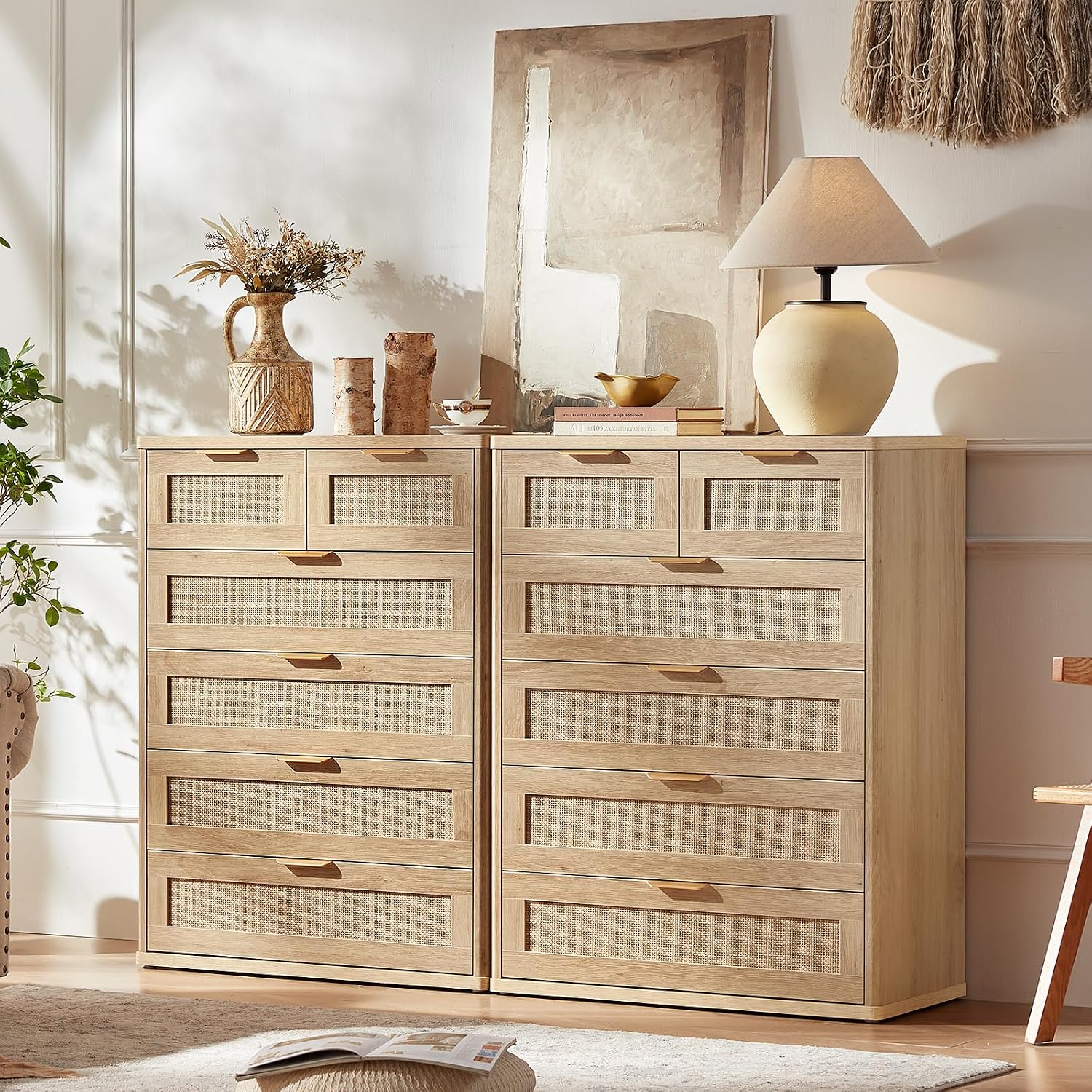 LEYAOYAO Rattan Dresser for Bedroom Set of 2, 41' Tall Chest of Drawers, Modern 6 Drawers Boho Dressers with Storage, Light Oak Dresser Wooden Closet Organizer for Living Room, Hallway, Natural Wood