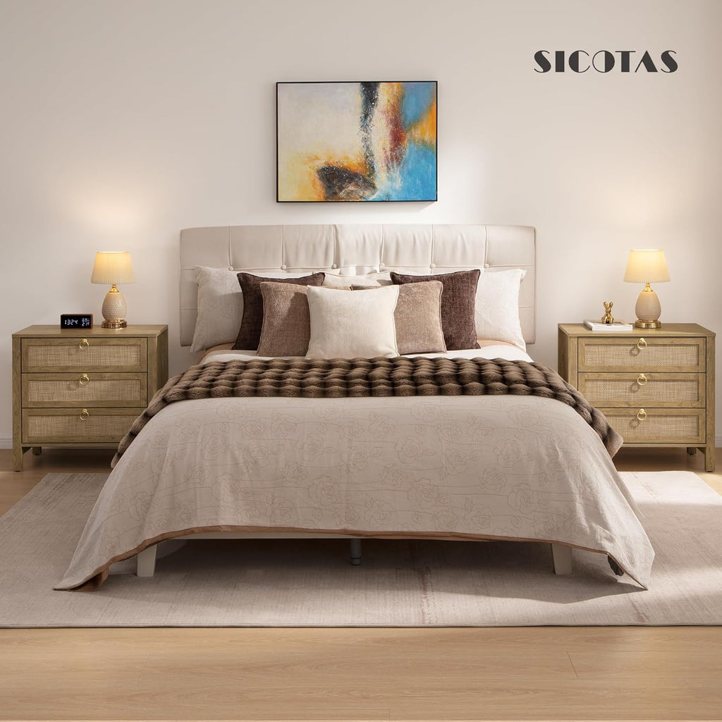 SICOTAS Night Stand with Drawers, Large Rattan Bedside Table with Golden Handle, 3 Drawers Nightstand Tall End Table Side Table Boho Nightstand for Bedroom