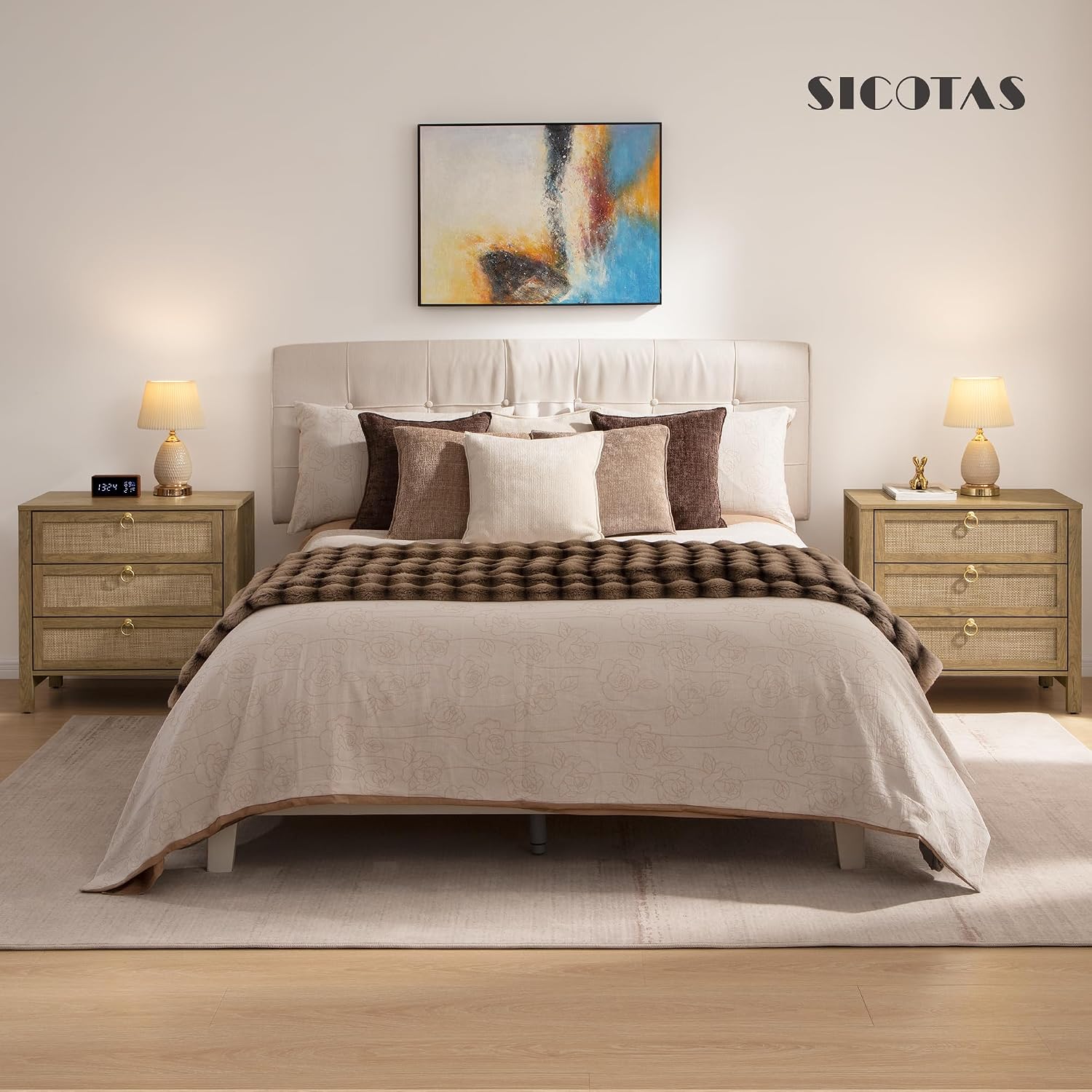 SICOTAS Nightstand Set of 2 with Drawers, Rattan Nightstands, Large Modern Boho Night Stand Wide Bedside Tables for Bedroom