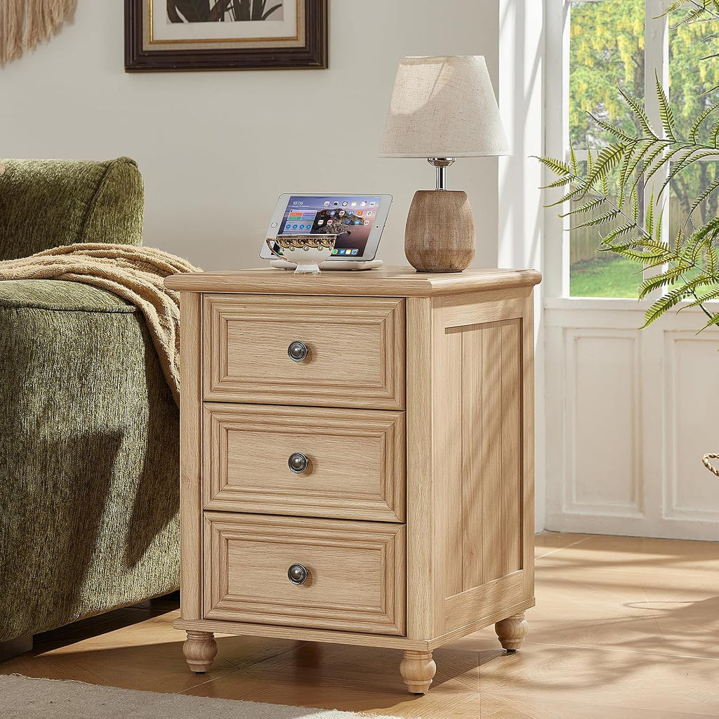 RWYHG 18' Farmhouse Night Stand Set of 2, Natural Wood Nightstand with 3 Drawers, Bedside End Table with Storage and Roman Column, Bed Side Tables Cabinet for Bedroom, Living Room, and Closet