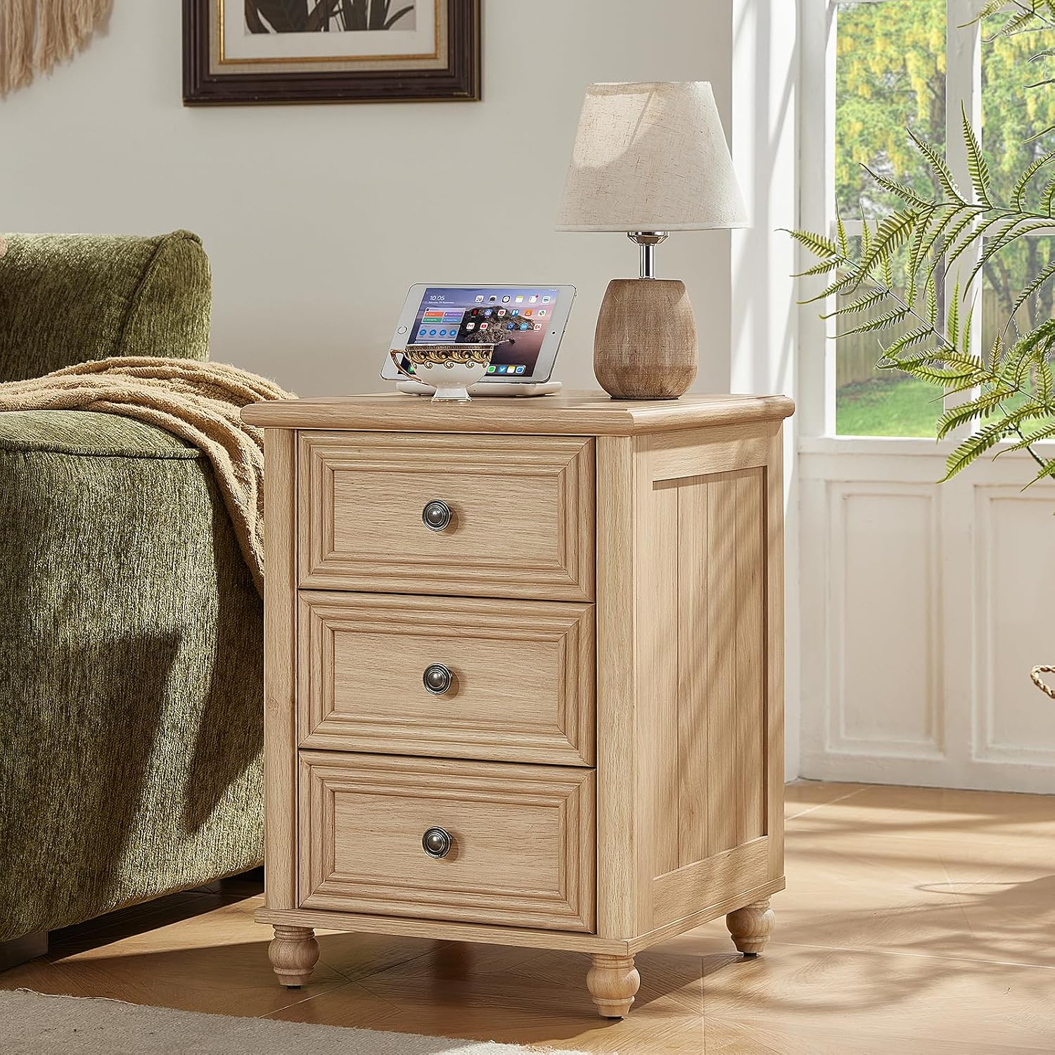 RWYHG 18' Farmhouse Night Stand Set of 2, Natural Wood Nightstand with 3 Drawers, Bedside End Table with Storage and Roman Column, Bed Side Tables Cabinet for Bedroom, Living Room, and Closet
