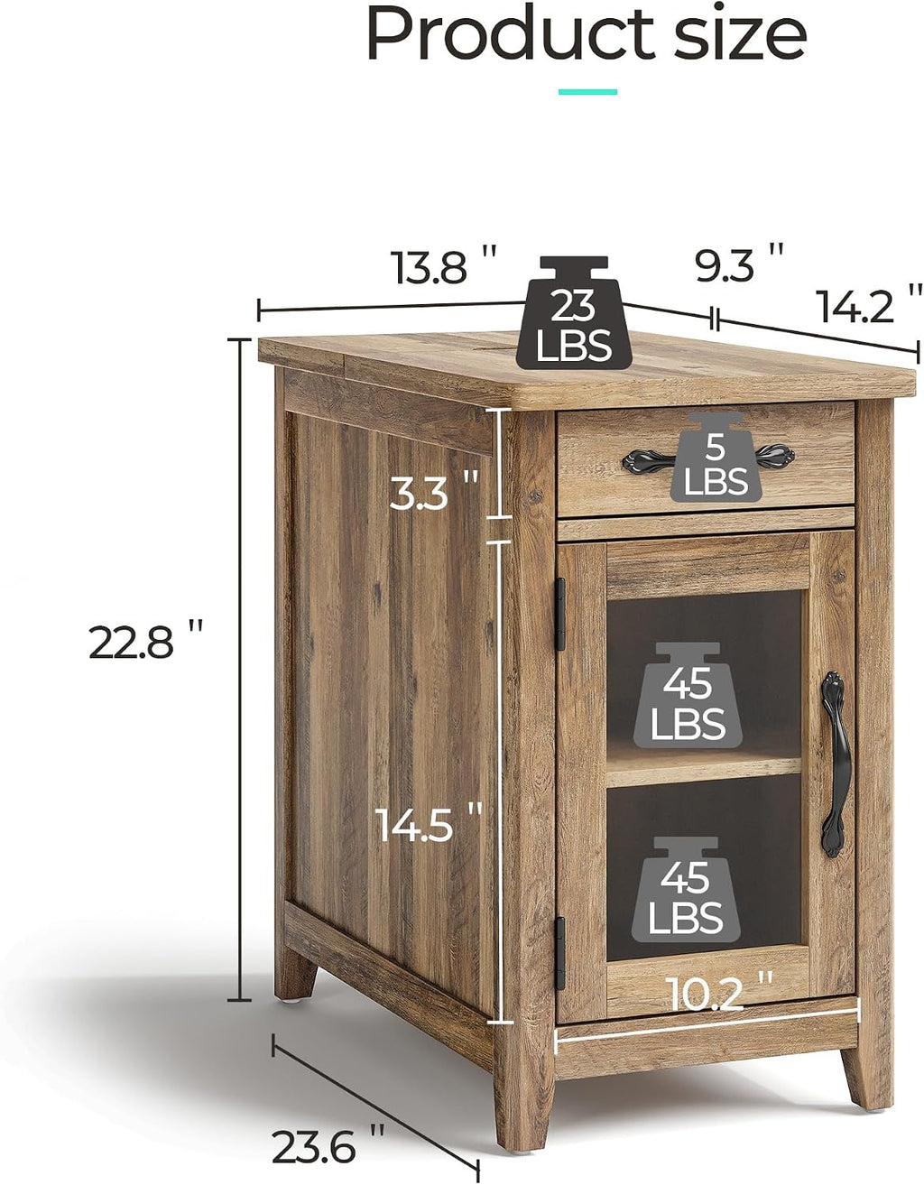 LINSY HOME End Table Set of 2 with Charging Station, Modern Farmhouse Sofa Couch Side Table, Wooden Bedside Table for Living Room, Nightstand with Storage Cabinet for Small Space, Brown, Glass Door