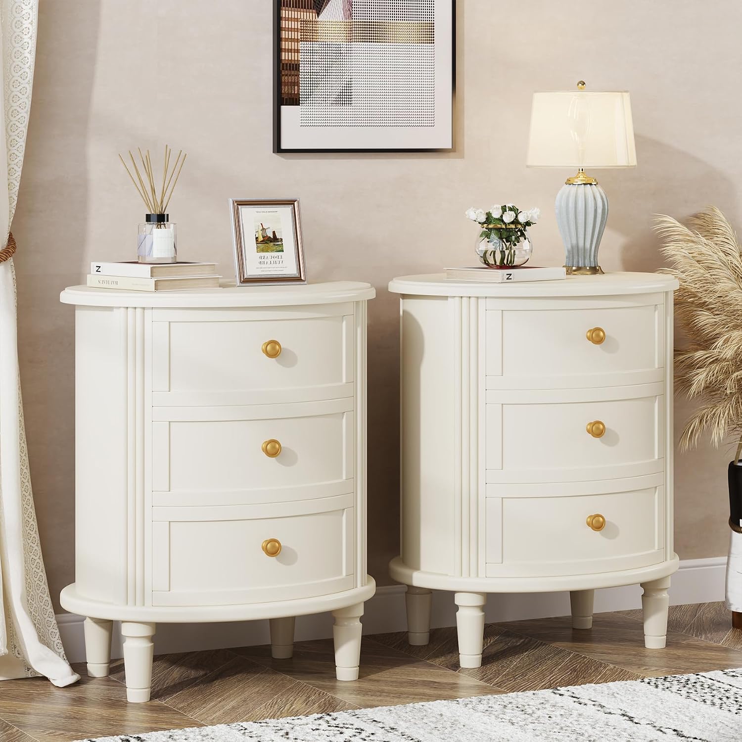 Tribesigns Nightstand with 3 Drawers, Oval Bed Side Table for Bedroom, Fully Assembled, Farmhouse Night Stand with Storage, Wooden Side End Table with Solid Wood Legs for Living Room, Beige White