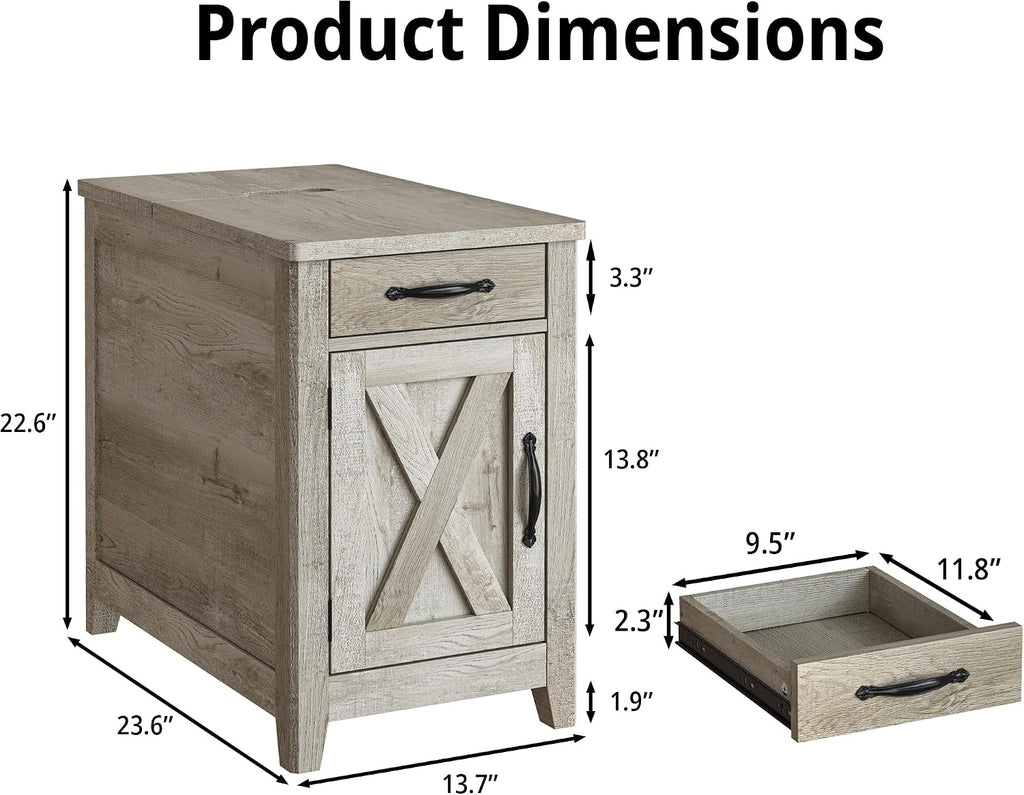 IRONCK End Table with Charging Station, Narrow Side Table for Living Room, Night Stand Set of 2 with Drawer and Cup Holder, Farmhouse Bedside Table with USB Ports and Outlets for Home, Beige Maple