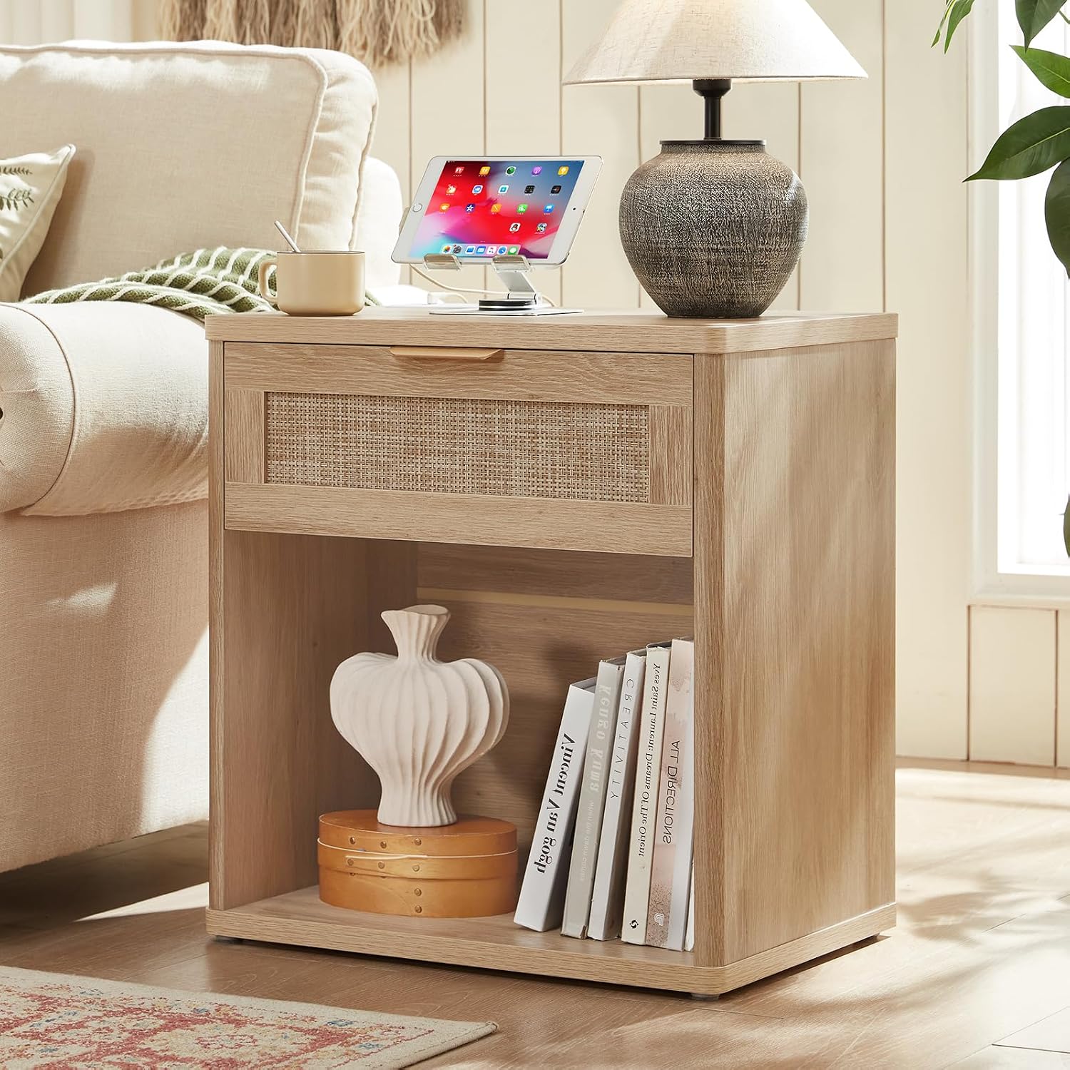 LEYAOYAO Rattan Nightstands Set of 2 with Charging Station, Natural Wood Night Stand with Drawer, 23' Wide Boho Bedside Table with Storage Shelf, Bed Side End Tables for Bedroom, Living Room, Hallway