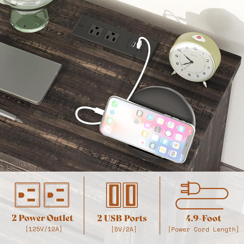 AMERLIFE Nightstand Set of 2 with Charging Station, Rustic Bedside Table with Drawers Storage, Farmhouse Wood Night Stand for Bedroom, Dark Oak