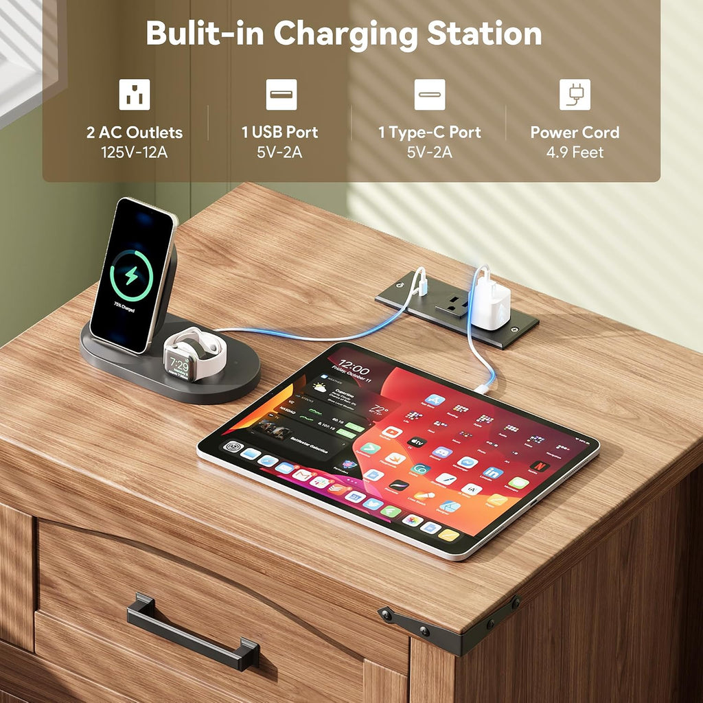 Decofy Farmhouse Nightstand Set of 2 with Charging Station, 18'' Wide Rustic End Table with USB/Type-C Ports, 3 Drawers, Wood Bedside Table for Bedroom, Walnut