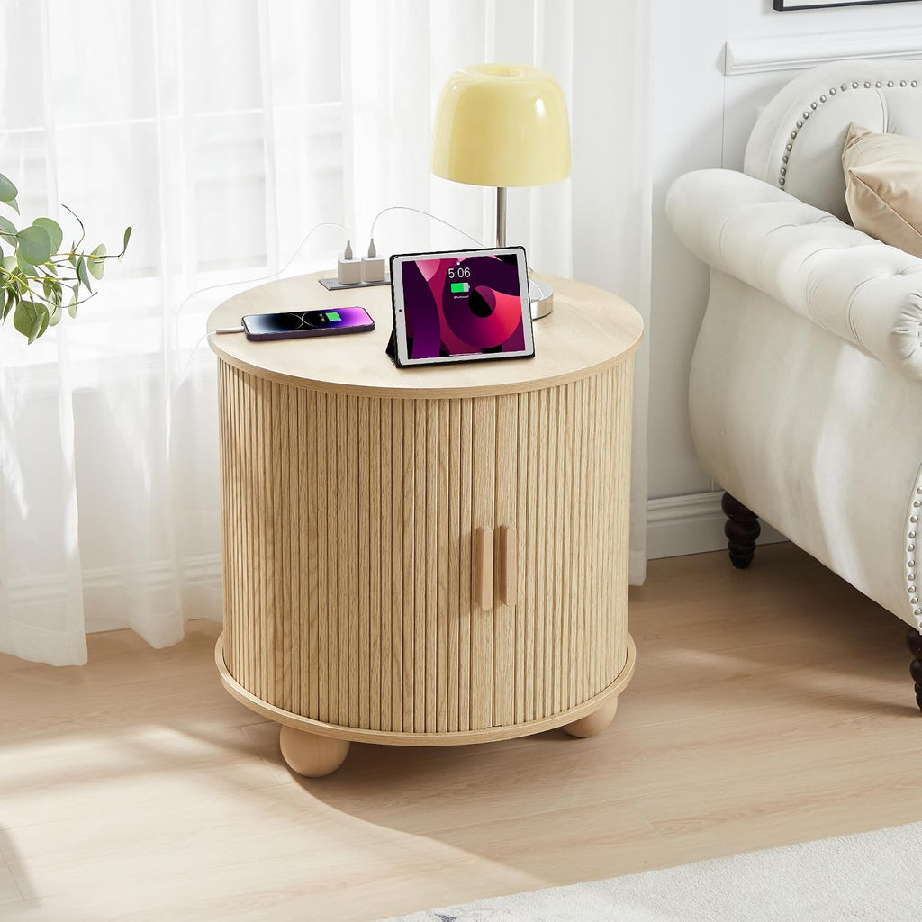 24' Fluted Round Nightstand Set of 2, Mid-Century Large Wooden End Table with Charging Station, Farmhouse Storage Side Table with Sliding Door for Bedroom Living Room (2XRound, Natural)