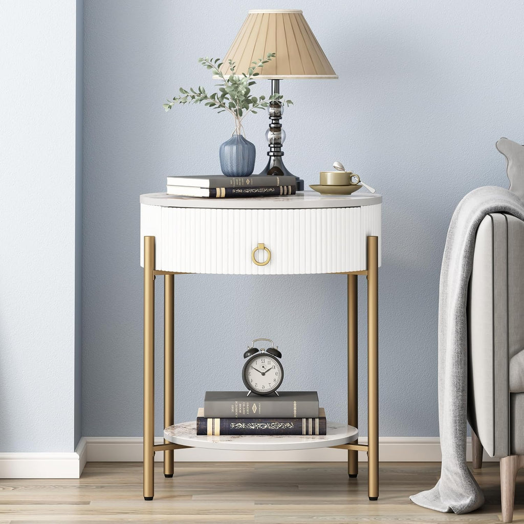 OIOG Modern End Table with Storage Drawer, Round 2-Tier Nightstand with Shelf, Gold Side Table with Metal Legs for Living Room, Bedroom, Office, Marbling Natural Stone/Gold