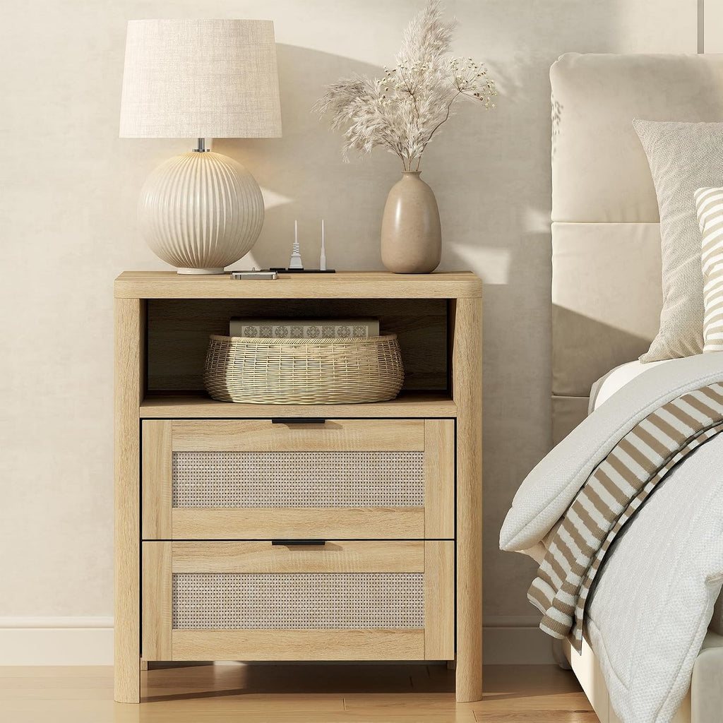MECHYIN Rattan Nightstand with Charging Station, 23.6' Large Bedside Side Table with Drawer, Wood End Table with Storage, Mid-Century Modern Furniture Side Table for Bedroom, Living Room