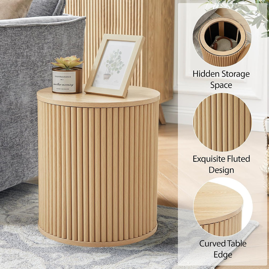 Round Fluted Side Table Set of 2, 15.7' Mid-Century Modern End Table with Storage, Wooden Bedside Table Round Nightstand Small Circle Sofa Accent Table for Living Room, Bedroom (Natural)