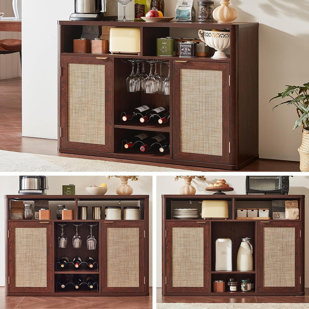 Lerliuo Rattan Wine Cabinet with 2 Doors, Boho Liquor Cabinet with Wine Racks, Farmhouse Coffee Bar Station for Living Room, Dining Room, Kitchen, Walnut