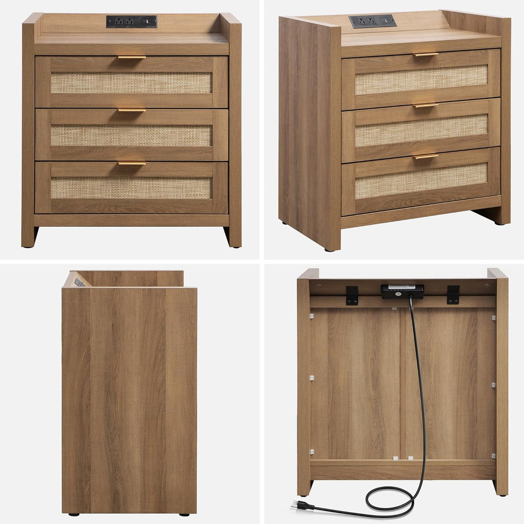 SICOTAS Rattan Night Stand Set of 2 - Tall Nightstands with Type-C Charging Station, 3 Rattan Storage Drawers, Larger Nightstand Boho Bedside Table End Table for Bedroom Sofa Couch Office - Oak