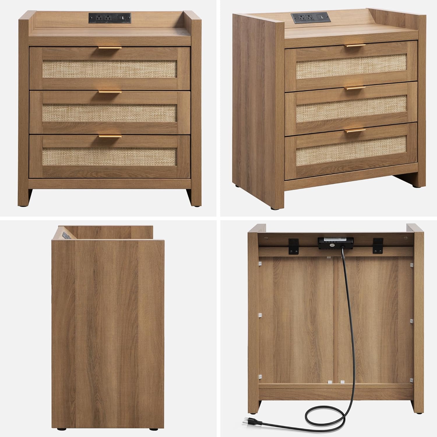 SICOTAS Rattan Night Stand Set of 2 - Tall Nightstands with Type-C Charging Station, 3 Rattan Storage Drawers, Larger Nightstand Boho Bedside Table End Table for Bedroom Sofa Couch Office - Oak