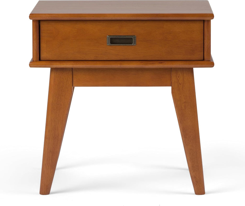 SIMPLIHOME Draper End Table - 22 inch Wide Solid Hardwood Rectangular Accent Table with Storage Drawer in Teak Brown, Mid-Century Modern Nightstand or Lamp Stand for Living Room or Bedroom