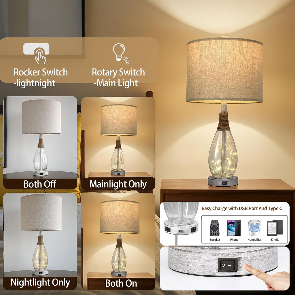 OYEARS 23' Table Lamps for Living Room Set of 2 Bedside Lamps for Night Stands Bedroom Lamps Farmhouse Rattan Boho Lamp Glass Nightlight End Table Lamp with USB C+A (White),Two Light Points