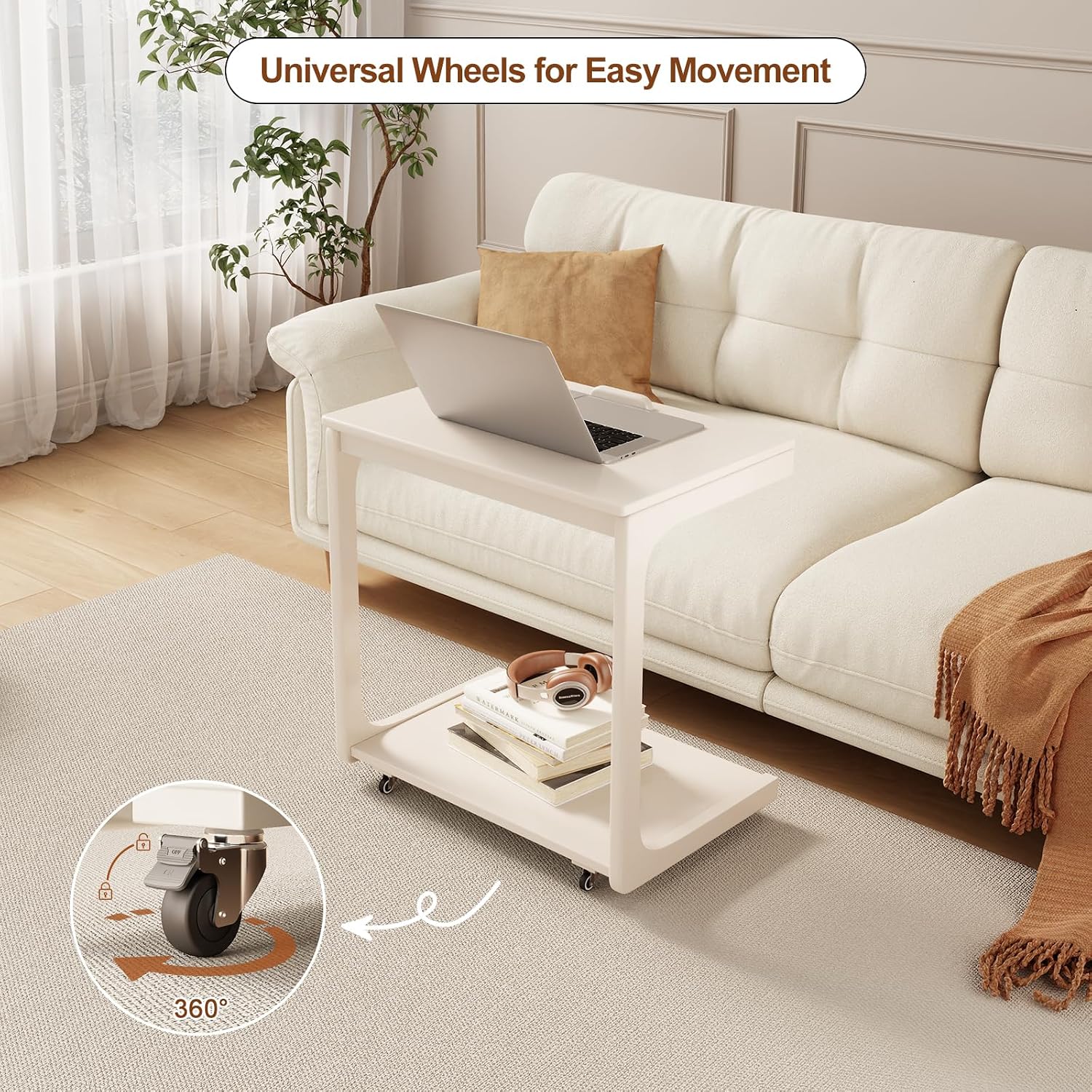 AQIMUELE Wooden C-Shaped End Table,Couch Table with Adjustable Desktop,Small Rolling Side Table with 2 Lockable Wheels 23.6' Width,Small End Table for Couch, Living Room,Bedroom (White)