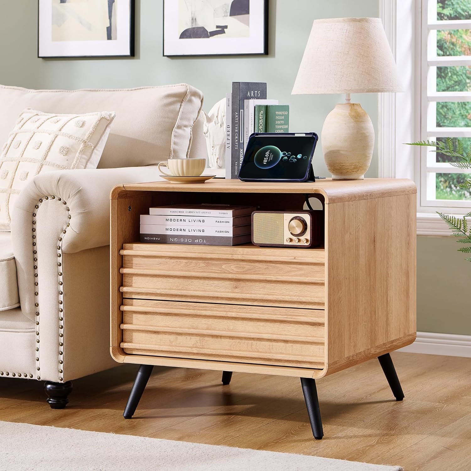 RedLemon 24' Nightstand with Charger Station, Mid Century Modern Fluted End Table with 2 Drawers, Wooden Side Table with Open Cubby Storage for Living Room, Bedroom, Office (Natural Oak)
