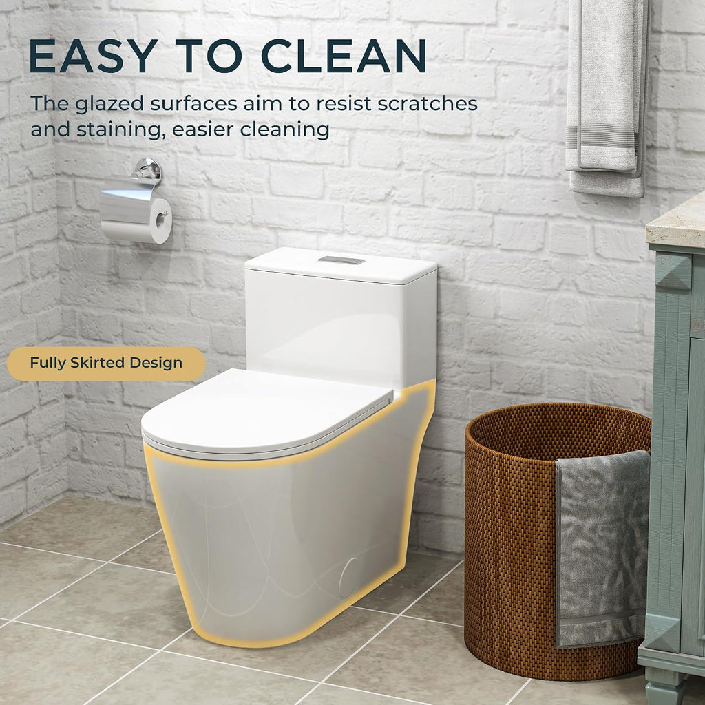 Compact One-Piece Elongated Toilet Dual Flush 1.1/1.6 GPF Siphon Flushing, 12 inch Rough-In, 16-1/8 inches Comfort Standard Height, Quiet Soft-Close Seat, Fully Skirted Easy-Clean Design (White)