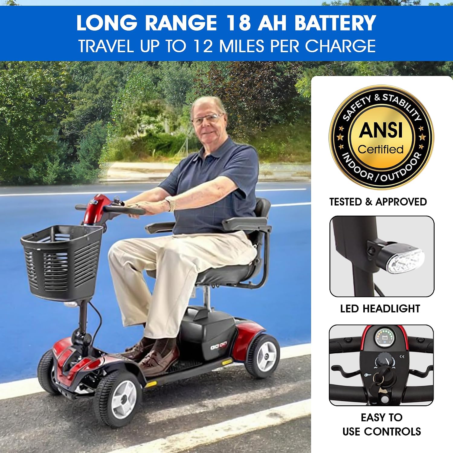 Pride Mobility Go Go Sport Plus Rear Basket, Cup Holder, Pride 4 Wheel Mobility Scooter for Adults and Seniors, Stable 325 lb Weight Capacity, 12 Mile Range, New EZ Turn, Extended Warranty