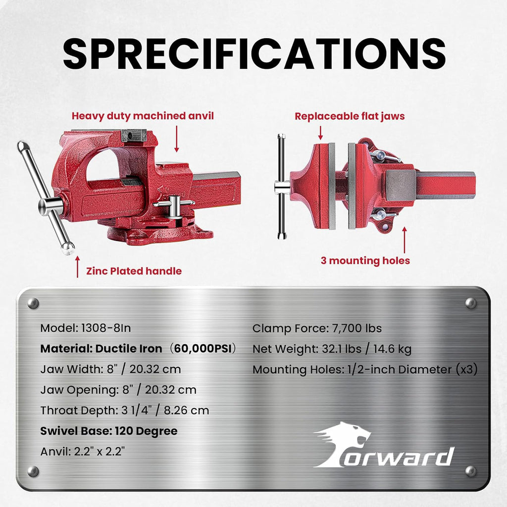 Forward 1308 8 Inch Home Vise Ductile Iron 8' Bench Vise Homeowner's Vice with Anvil and Swivel Base