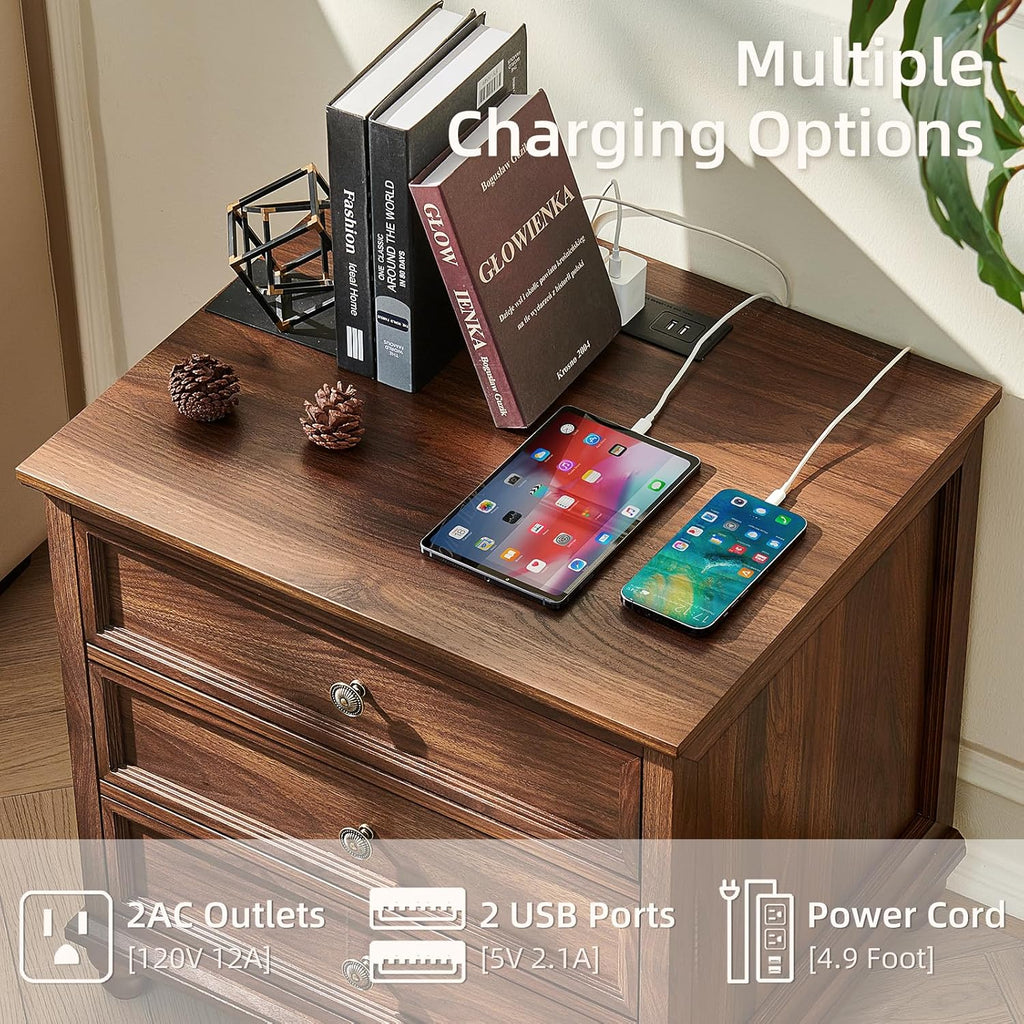 Joaxswe Farmhouse Nightstand Set of 2 with Charging Station, 24' Wide End Table with 3 Drawers,Dresser for Bedroom,Bed Side Table Chest of Drawers Cabinet,Wood Brown Night Stand for Living Room