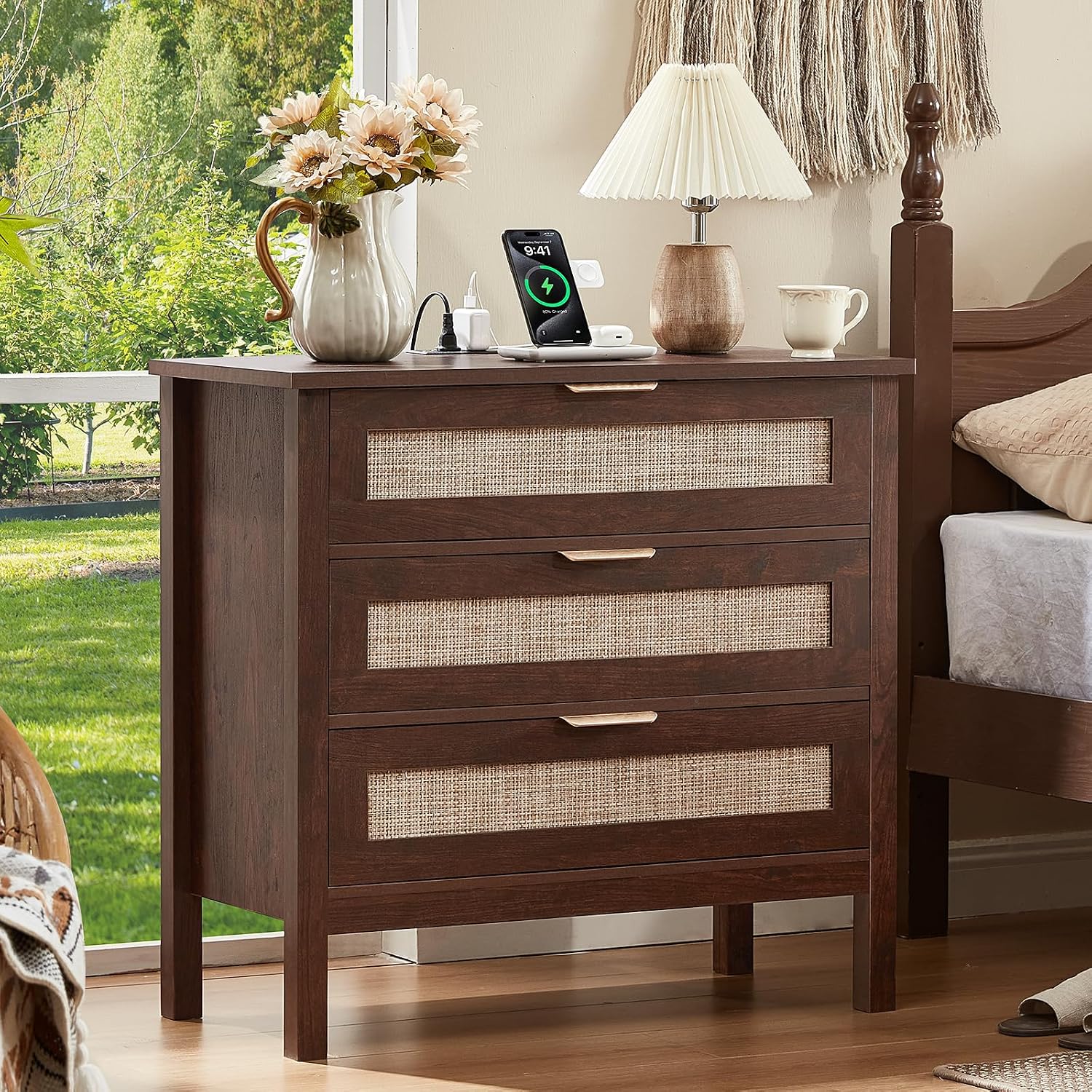 LEYAOYAO 31.5' Wide Rattan Nightstands Set of 2 with Charger Station, Large Boho 3 Drawer Night Stand, Retro Walnut Bedside Table with Storage, Bed Side End Tables for Bedroom, Living Room, Hallway