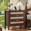 LEYAOYAO 31.5' Wide Rattan Night Stand with Charger Station, Large Boho 3 Drawer Nightstand, Retro Walnut Bedside Table with Storage, 30' Tall Bed Side End Tables for Bedroom, Living Room, Hallway