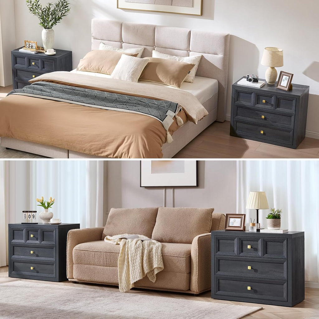 Nightstand Set of 2 W/Charging Station, 30.7' W King Size Bedside Table with 3 Drawers, Accent End Table W/Large Storage, Modern Wood Side Table for Bedroom, Dark Grey
