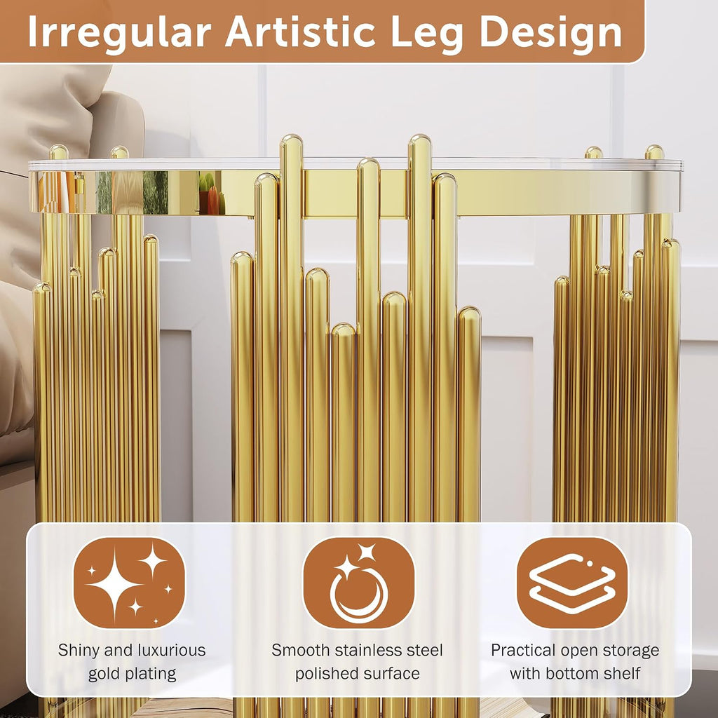 Luxury Gold Round Glass End Table Set of 2, 19.7' Modern Side Table with Stainless Steel Irregular Leg Clear Tempered Glass Tabletop, Accent Furniture for Living Room, Clear