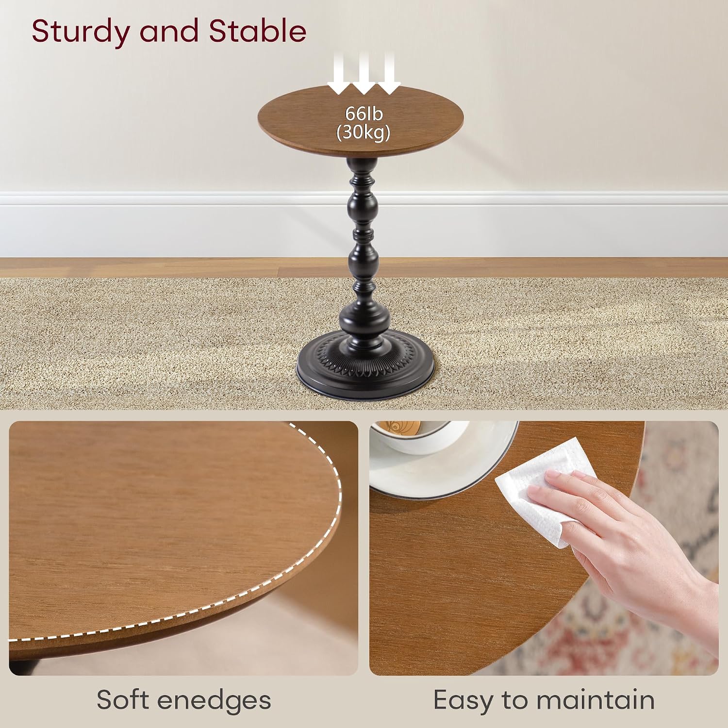 Round End Table, Framhose Small Side Table with Wood Top and Black Base, Pedestal Table for Living Room Corners Bedroom Patio and Bar（20' Hight）