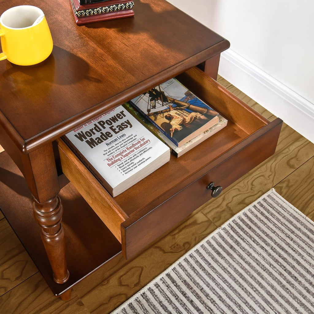 PADMA HOUSE Solid Wood Small End Table with Drawer, Vintage Square Sofa Side Table with Natural Wood Grain Tabletop, Apartment Beside Table with Storage Shelf for Living Room, 18.9 * 24in