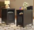 Huuger Narrow Night Stand Set of 2, End Table with Charging Station, USB-C Port, Rattan Side Table with Cabinet and Open Shelf, Synthetic Rattan, for Small Spaces, Bedroom, Black