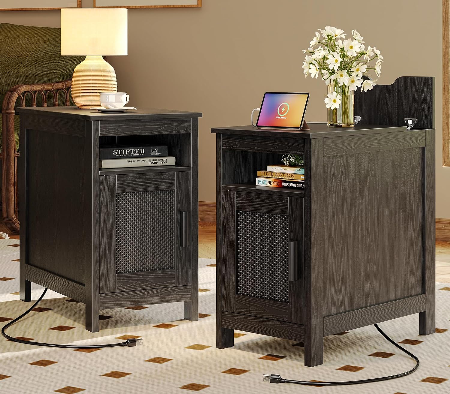 Huuger Narrow Night Stand Set of 2, End Table with Charging Station, USB-C Port, Rattan Side Table with Cabinet and Open Shelf, Synthetic Rattan, for Small Spaces, Bedroom, Black