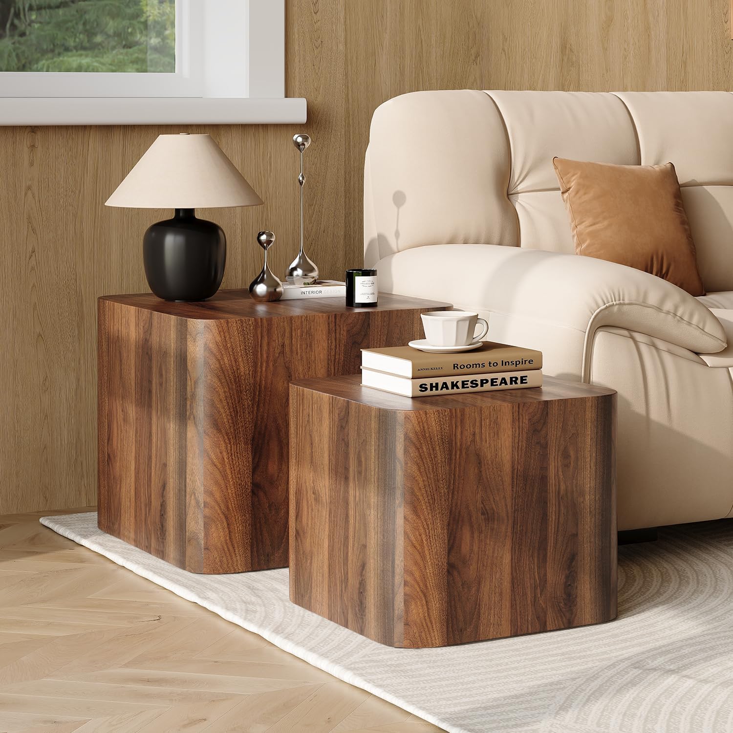 Nesting Coffee Table Set of 2, Modern Coffee Table and End Table Sets, Small Wooden Nesting Side Tables for Living Room Bedroom Apartment(Walnut)