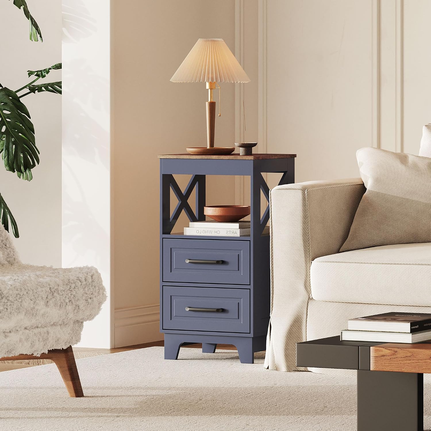 Tall Nightstand Set of 2 Side Table with 2 Drawers Modern Night Stand Wooden Rustic End Table Bedside Table with Upper Open Shelf Solid Feet for Bedroom Navy Blue+Walnut
