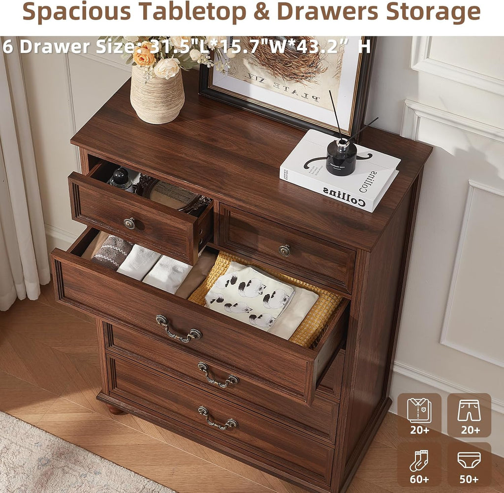 Joaxswe Farmhouse 6 Drawer Dresser Set of 2 for Bedroom, 42' Tall Rustic Chests of Drawers w/ 4 Solid Wood Feet, Mid Century Vintage Wooden Closet Storage Dressers Organizer for Living Room,Brown