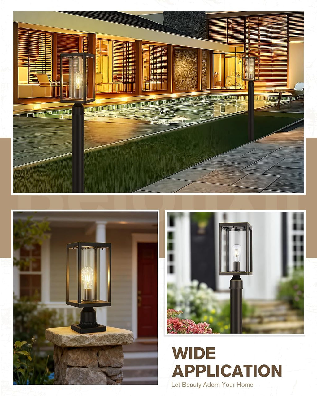 Beionxii Outdoor Post Lights, 20in Post Lantern with Pier Mount Base, Aluminum Street Lights with Glass, Fence Post Deck Lighting for Garden, Patio, Pathway, BXA291-P-2PK-O (NOT Solar, 110-120V AC)