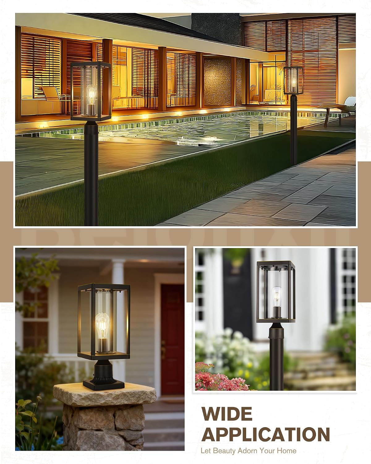 Beionxii Outdoor Post Lights, 20in Post Lantern with Pier Mount Base, Aluminum Street Lights with Glass, Fence Post Deck Lighting for Garden, Patio, Pathway, BXA291-P-2PK-O (NOT Solar, 110-120V AC)