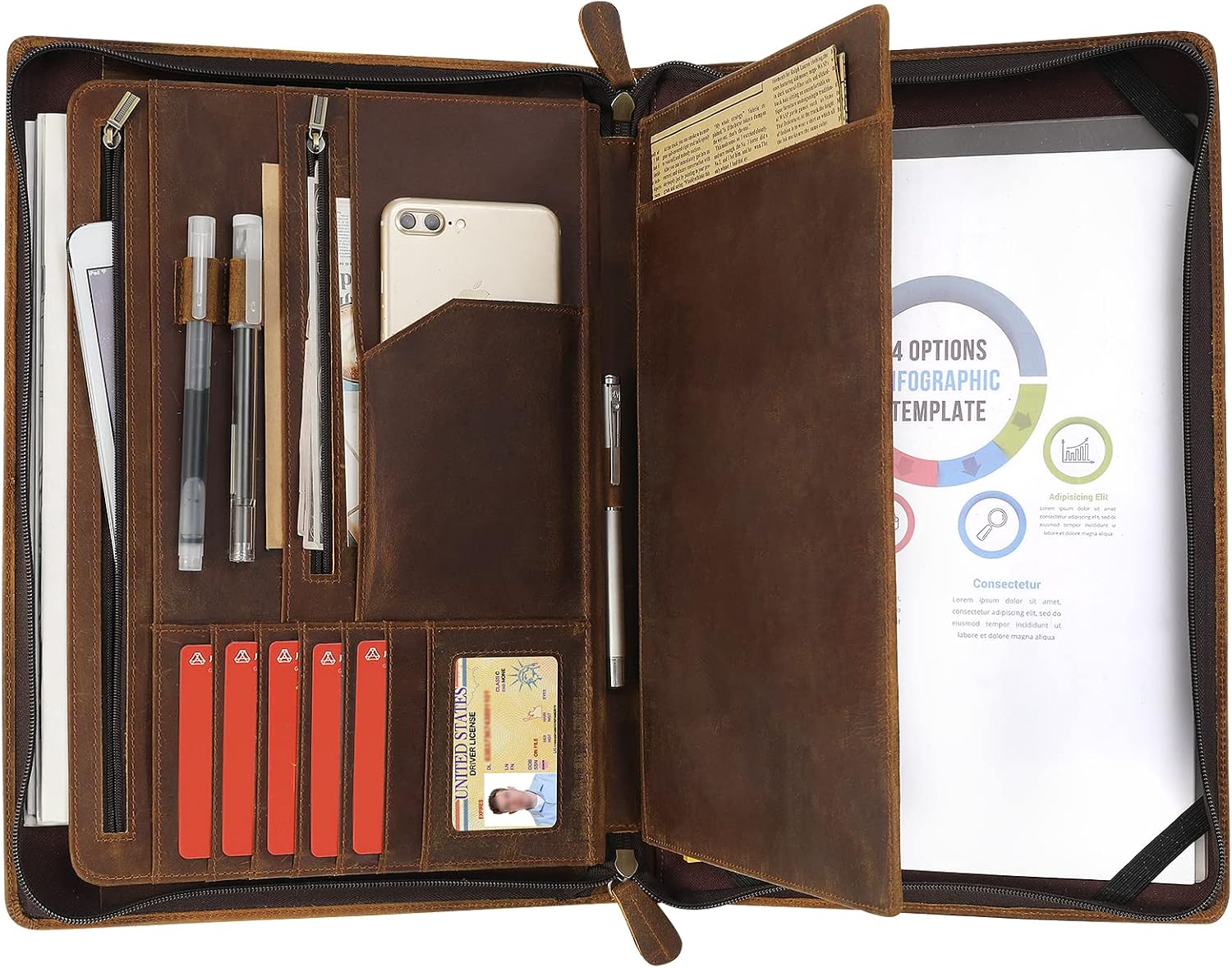 Ringsun Genuine Leather Portfolio Organizer for Men Women with Handle, Full Grain Leather Padfolio Folder with Zipper Business Resume Portfolio for 12.9' iPad, Brown, RS118