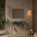36' Bathroom Console Sink, Wall Mounted Black Ceramic Vanity Basin with 3 Pre drilled Faucet Holes, Freestanding Stainless Steel Support Legs with Towel Bar, No Faucet Sink Cover, Gold Color