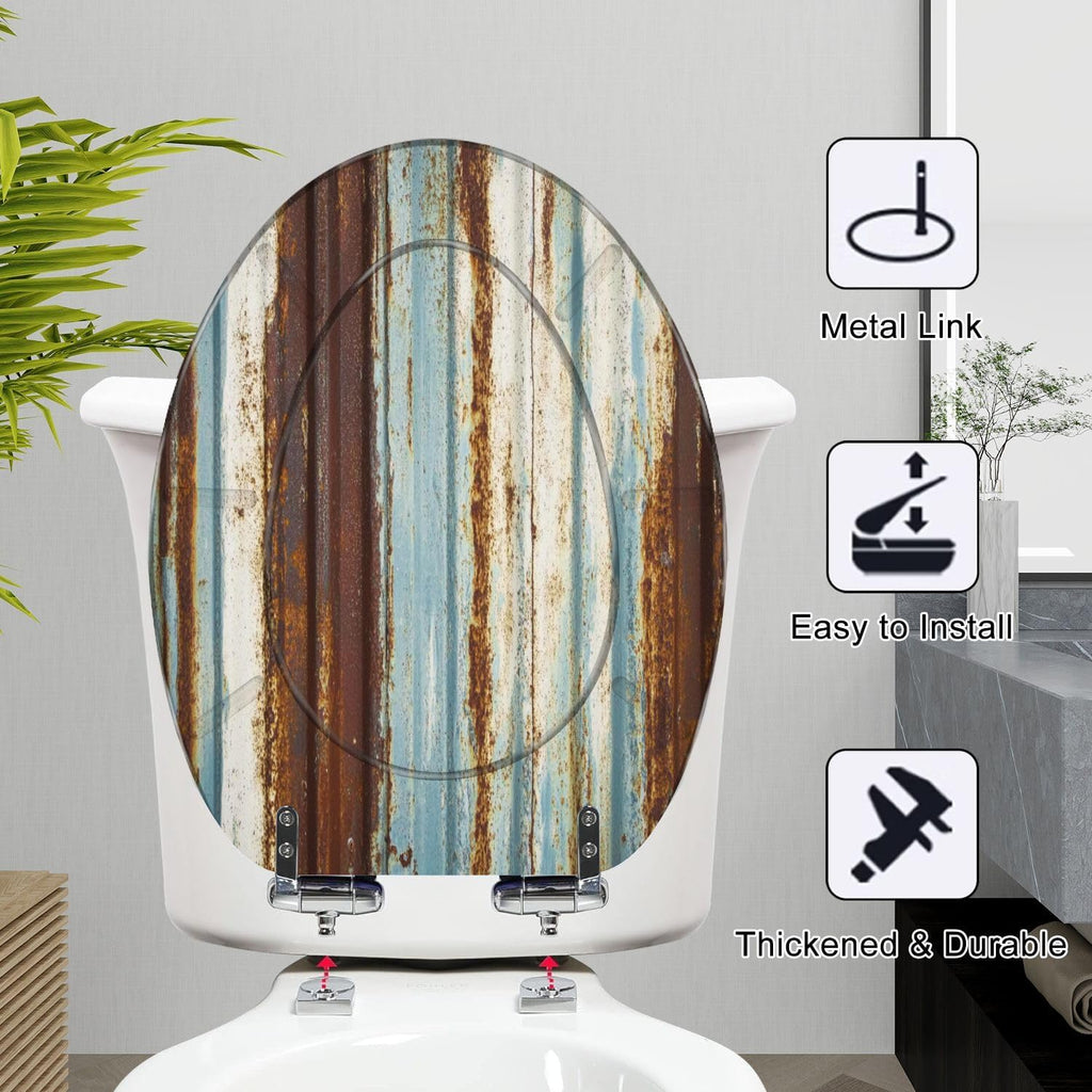 Elongated Toilet Seat Old wall texture rusty galvanized metal panel sheeting Resin Toilet Seat Slow Quiet Close Lid with Quick-Release Hinges Cover Bumpers Easy to Clean Install