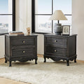 HULALA HOME Solid Wood End Tables Set of 2 with Charging Station Space, Vintage Endtables with Wood Legs and 2 Drawers, French Side Tables for Living Room, Charcoal