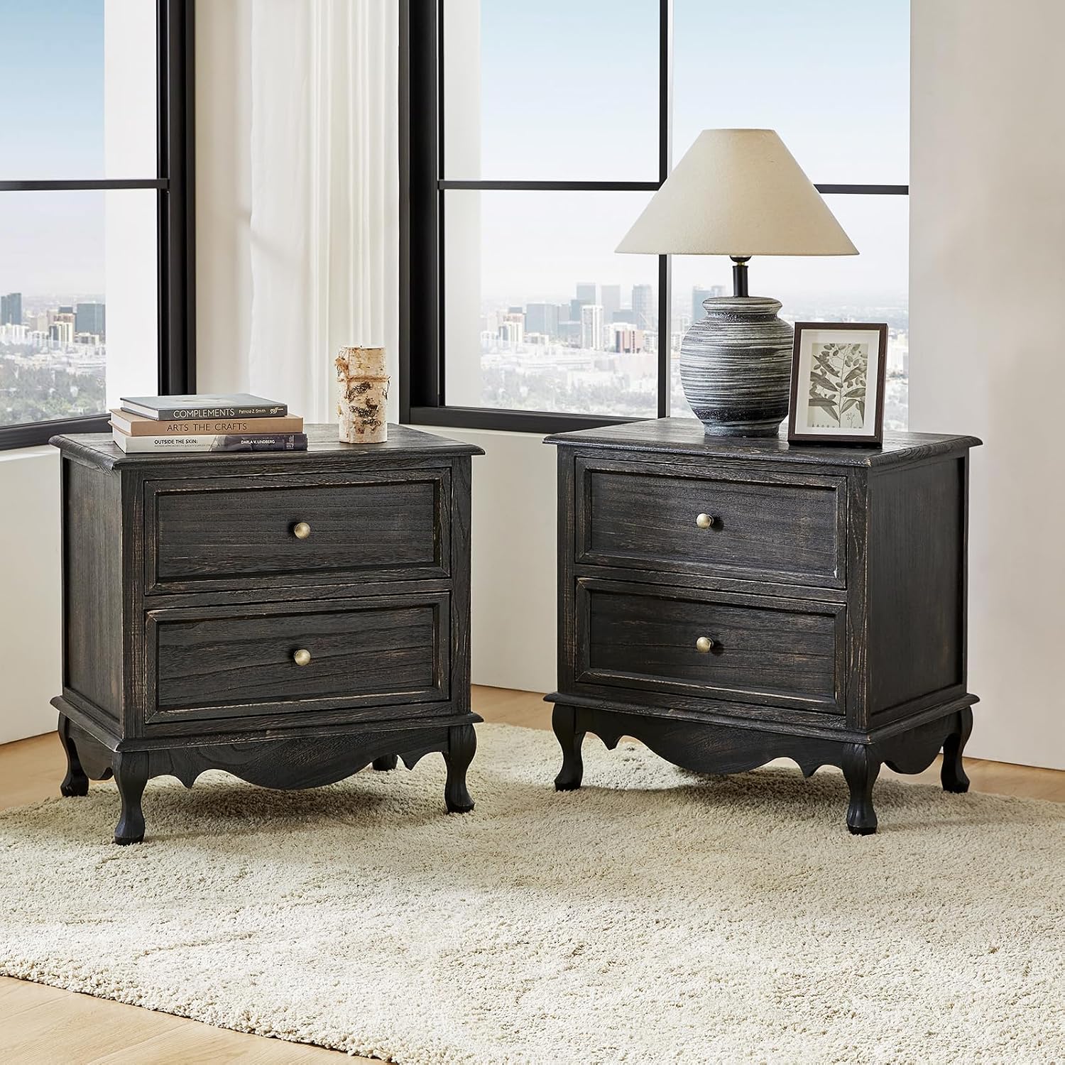 HULALA HOME Solid Wood End Tables Set of 2 with Charging Station Space, Vintage Endtables with Wood Legs and 2 Drawers, French Side Tables for Living Room, Charcoal