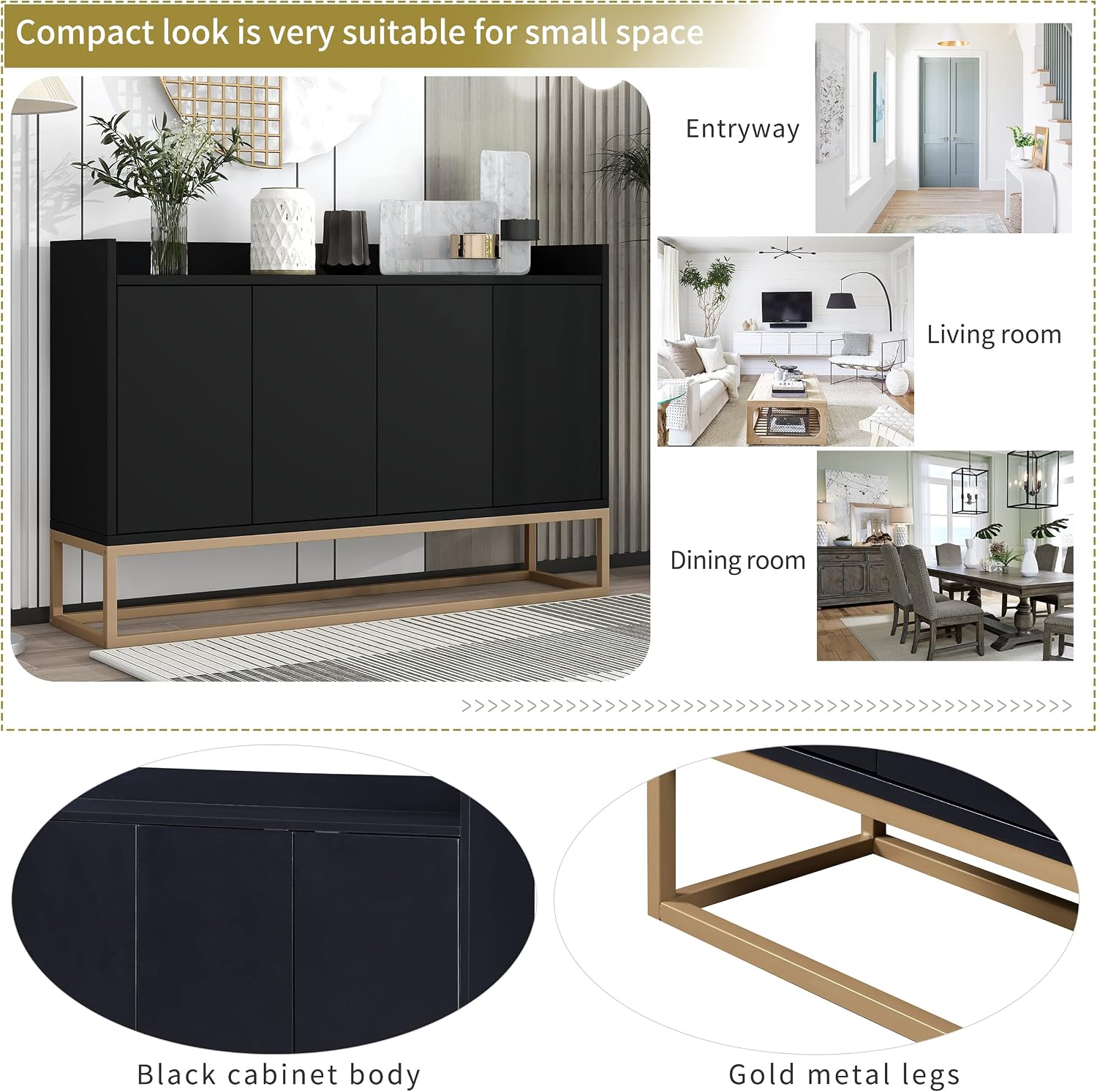 Sideboard Buffet Cabinet with Large Storage Space,Modern Particle Board Kitchen Console Table,W/ 4 Doors and Gold Metal Legs,Dining Room,Entryway,Black