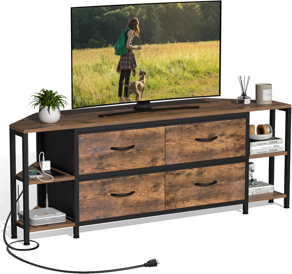 EXOTICA Corner TV Stands for Living Room with 4 Drawers and Power Outlet Industrial Corner Entertainment Centers for TVs up to 55 Inches Farmhouse Corner Console Table with 4 Open Storage for Bedroom